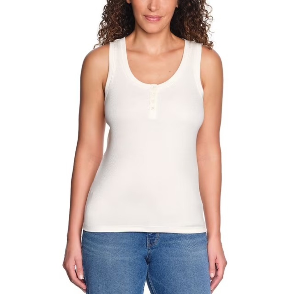 Lands' End Womens Ribbed Henley Tank Top White XL Cotton Blend Scoop Neck NWT